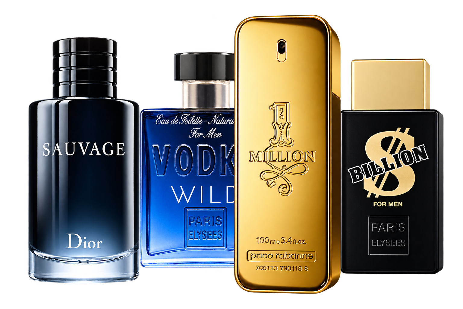 Sauvage e Vodka Wild, com 1 Million e Billion $ em primeiro plano